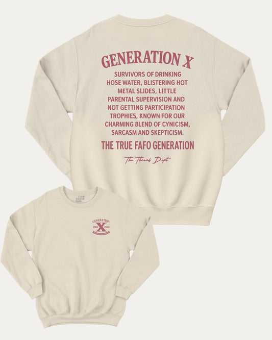 Beige sweatshirt with red text and logo on a white background