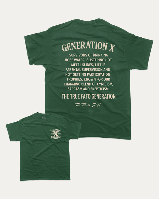 Green t-shirt with text on the back and logo on the front, displayed on a white background.