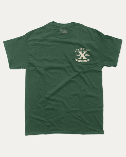 Green t-shirt with 'Generation X' logo on a white background