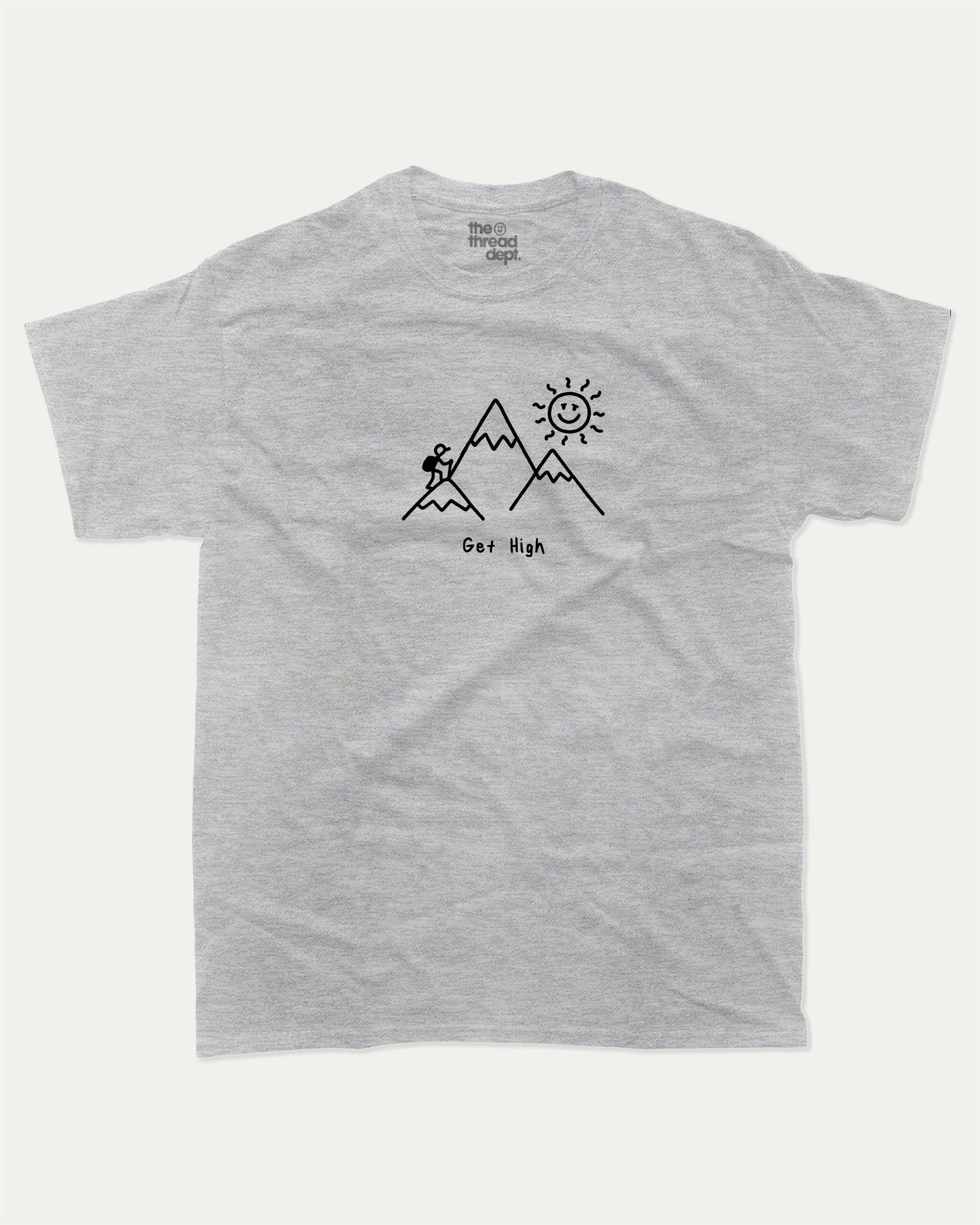 Get High graphic t-shirt, Funny t-shirts, visual puns graphic tees. A must-have funny tee, trending meme shirt, unique gift idea. Heather Grey.