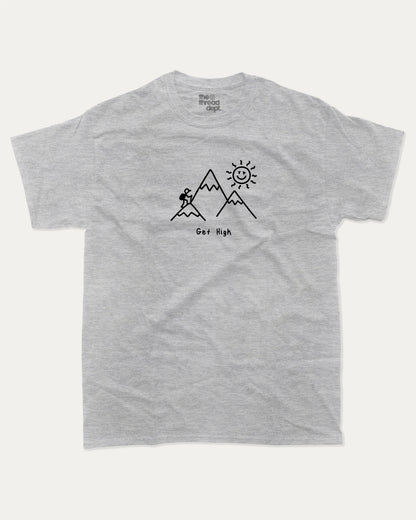 Get High graphic t-shirt, Funny t-shirts, visual puns graphic tees. A must-have funny tee, trending meme shirt, unique gift idea. Heather Grey.
