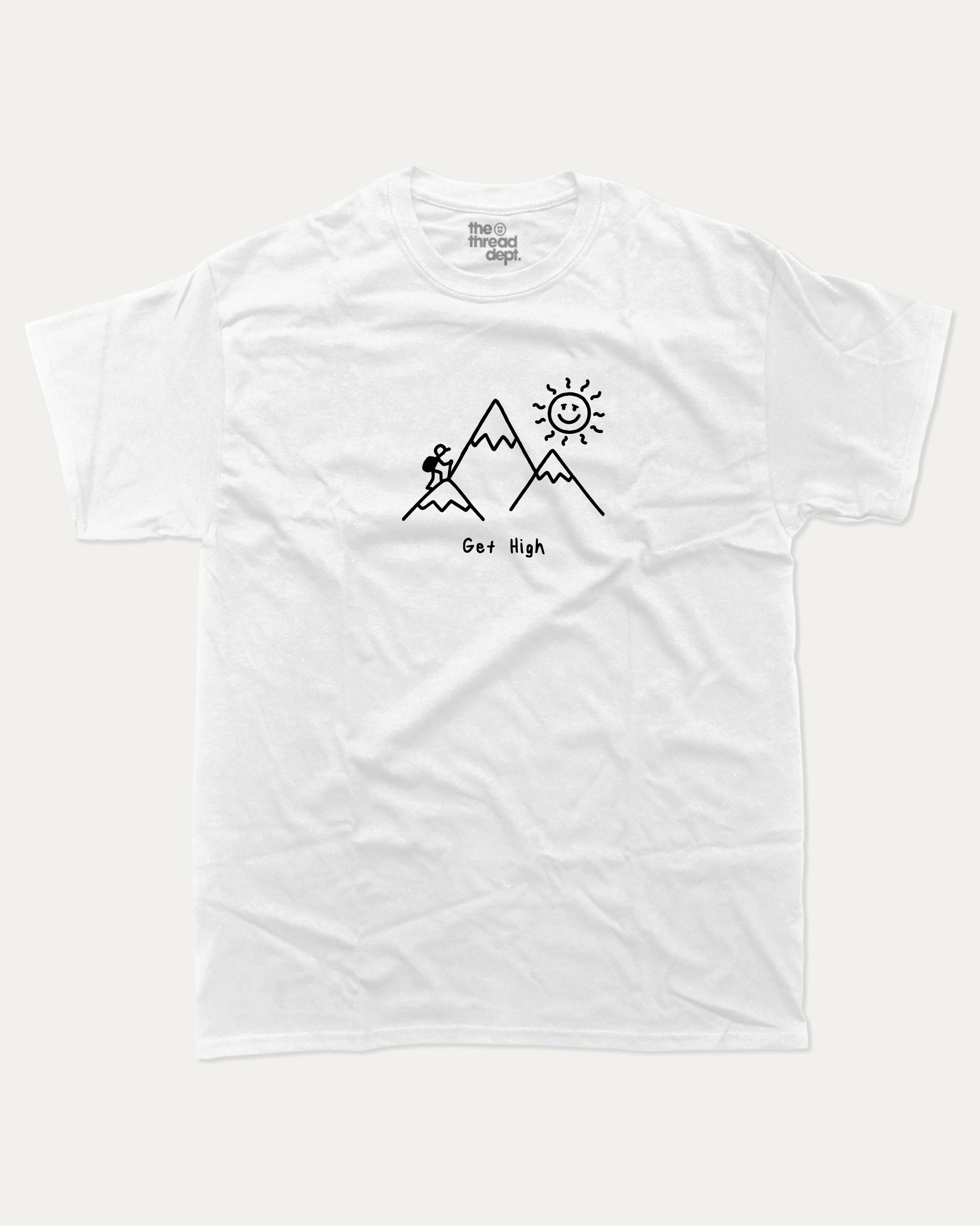 Get High graphic t-shirt, Funny t-shirts, visual puns graphic tees. A must-have funny tee, trending meme shirt, unique gift idea. White.