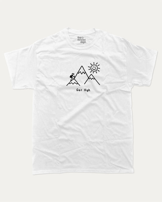 Get High graphic t-shirt, Funny t-shirts, visual puns graphic tees. A must-have funny tee, trending meme shirt, unique gift idea. White.