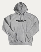 Girls Make Me Nervous graphic hoodie with funny and trendy artwork, casual streetwear with bold personality. Great for adults and gifting. Heather Grey hoodie.