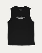 Girls Make Me Nervous men_ graphic muscle tee with bold and athletic graphic print, perfect for gym or casual wear. Funny and functional gift idea. Black muscle top.
