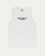 Girls Make Me Nervous men_ graphic muscle tee with bold and athletic graphic print, perfect for gym or casual wear. Funny and functional gift idea. White muscle top.