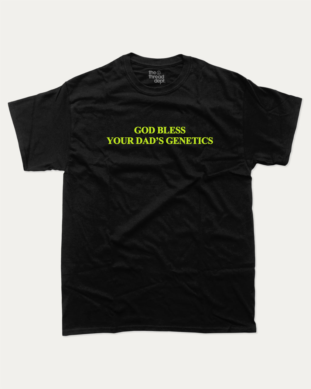 God bless your dad's genetics graphic tee with bold and humorous print, Funny Pun Graphic T shirt, Pun Graphic T shirt, funny and trendy graphic. Perfect for adults and gift-giving. Black shirt.