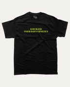 God bless your dad's genetics graphic tee with bold and humorous print, Funny Pun Graphic T shirt, Pun Graphic T shirt, funny and trendy graphic. Perfect for adults and gift-giving. Black shirt.