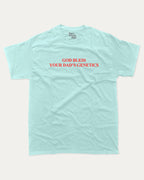 God bless your dad's genetics graphic tee with bold and humorous print, Funny Pun Graphic T shirt, Pun Graphic T shirt, funny and trendy graphic. Perfect for adults and gift-giving. Celadon shirt.