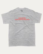 God bless your dad's genetics graphic tee with bold and humorous print, Funny Pun Graphic T shirt, Pun Graphic T shirt, funny and trendy graphic. Perfect for adults and gift-giving. Heather Grey shirt.