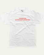 God bless your dad's genetics graphic tee with bold and humorous print, Funny Pun Graphic T shirt, Pun Graphic T shirt, funny and trendy graphic. Perfect for adults and gift-giving. White shirt.