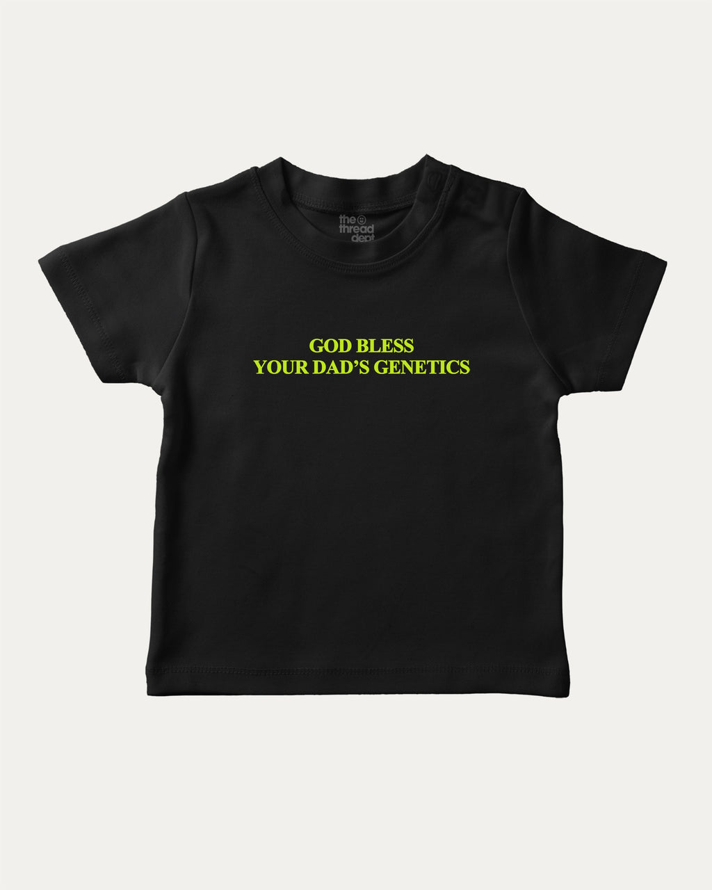 God bless your dad's genetics graphic tee with bold and humorous print, Funny Pun Graphic T shirt, Pun Graphic T shirt, funny and trendy graphic. Perfect for adults and gift-giving. Black shirt.