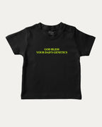 God bless your dad's genetics graphic tee with bold and humorous print, Funny Pun Graphic T shirt, Pun Graphic T shirt, funny and trendy graphic. Perfect for adults and gift-giving. Black shirt.