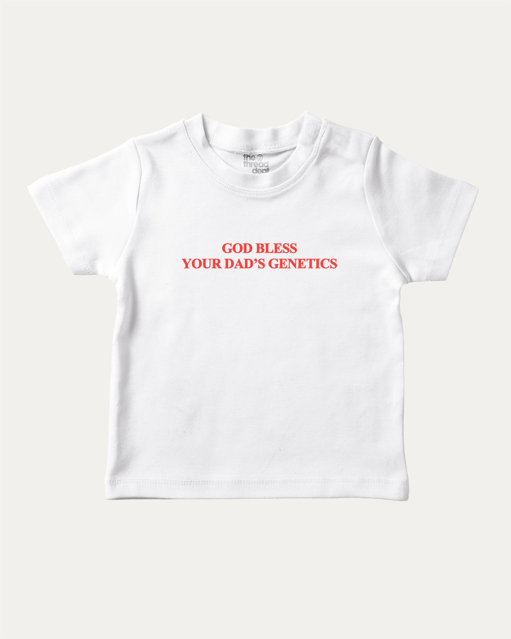 God bless your dad's genetics graphic tee with bold and humorous print, Funny Pun Graphic T shirt, Pun Graphic T shirt, funny and trendy graphic. Perfect for adults and gift-giving. White shirt.