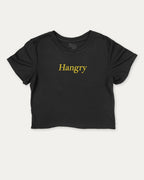 Hangry graphic crop tee with funny and trendy slogan print, perfect for women_ casual looks or layering. Black crop t-shirt.