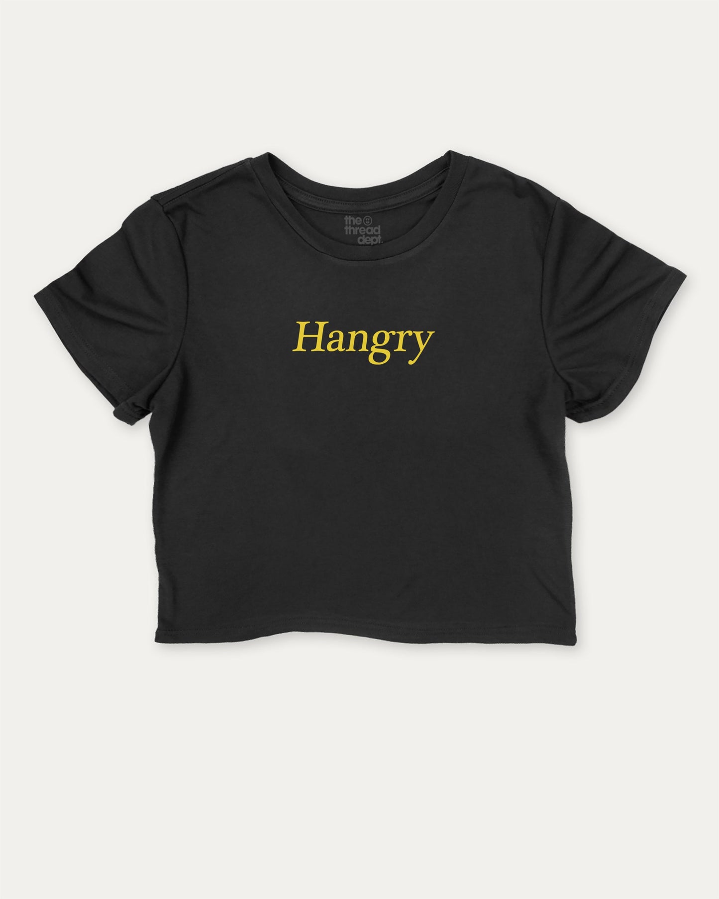 Hangry graphic crop tee with funny and trendy slogan print, perfect for women’s casual looks or layering. Black crop t-shirt.