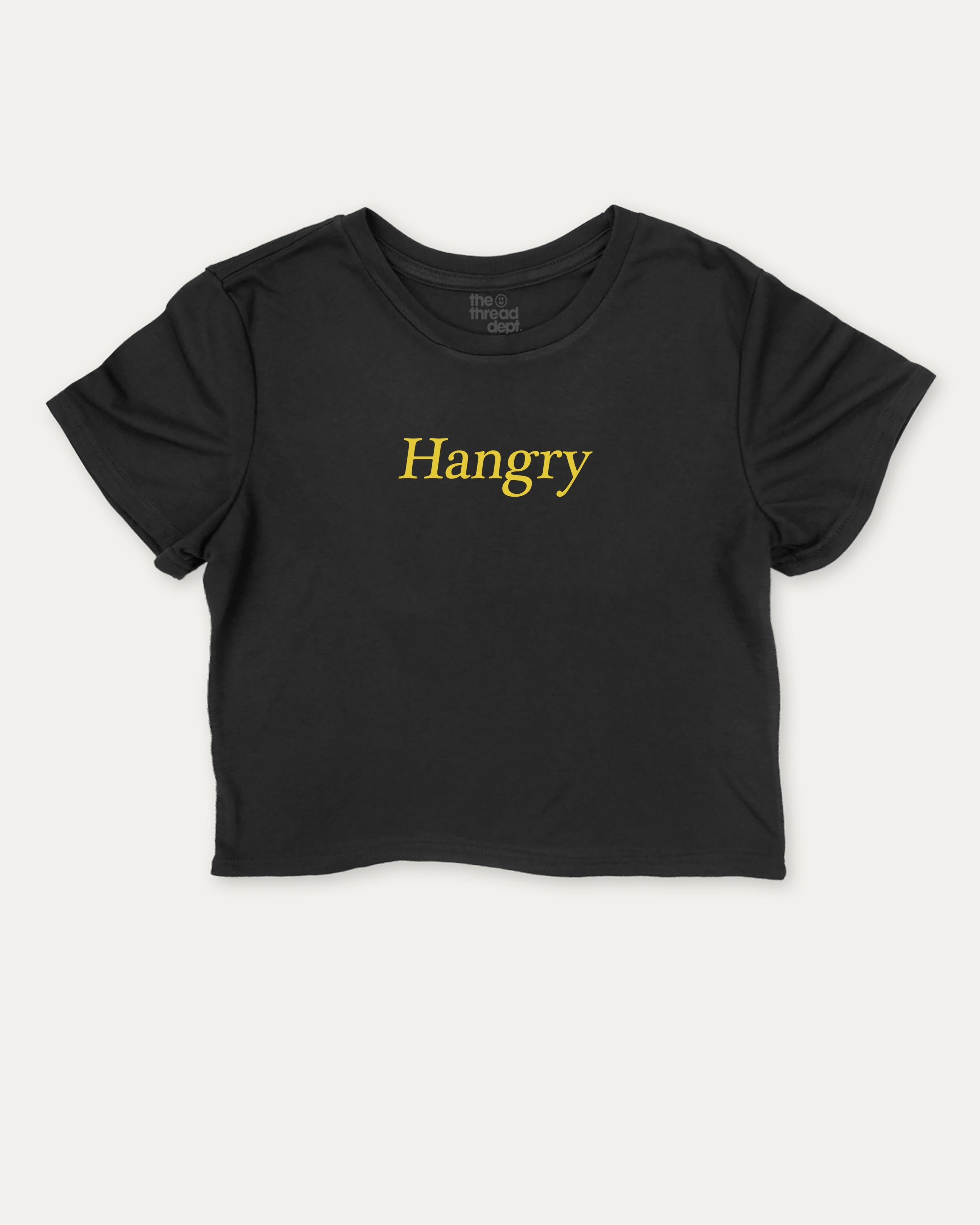 Hangry graphic crop tee with funny and trendy slogan print, perfect for women_ casual looks or layering. Black crop t-shirt.
