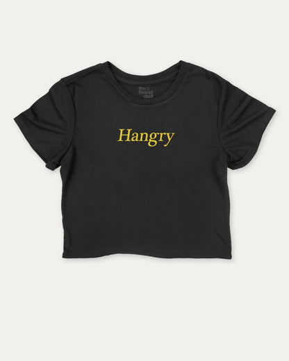 Hangry graphic crop tee with funny and trendy slogan print, perfect for women’s casual looks or layering. Black crop t-shirt.