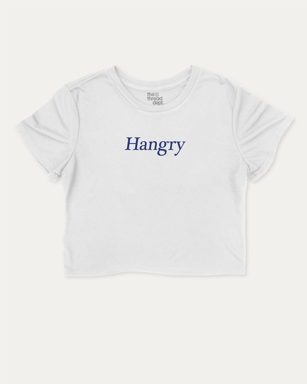 Hangry graphic crop tee with funny and trendy slogan print, perfect for women_ casual looks or layering. White crop t-shirt.