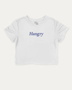 Hangry graphic crop tee with funny and trendy slogan print, perfect for women_ casual looks or layering. White crop t-shirt.
