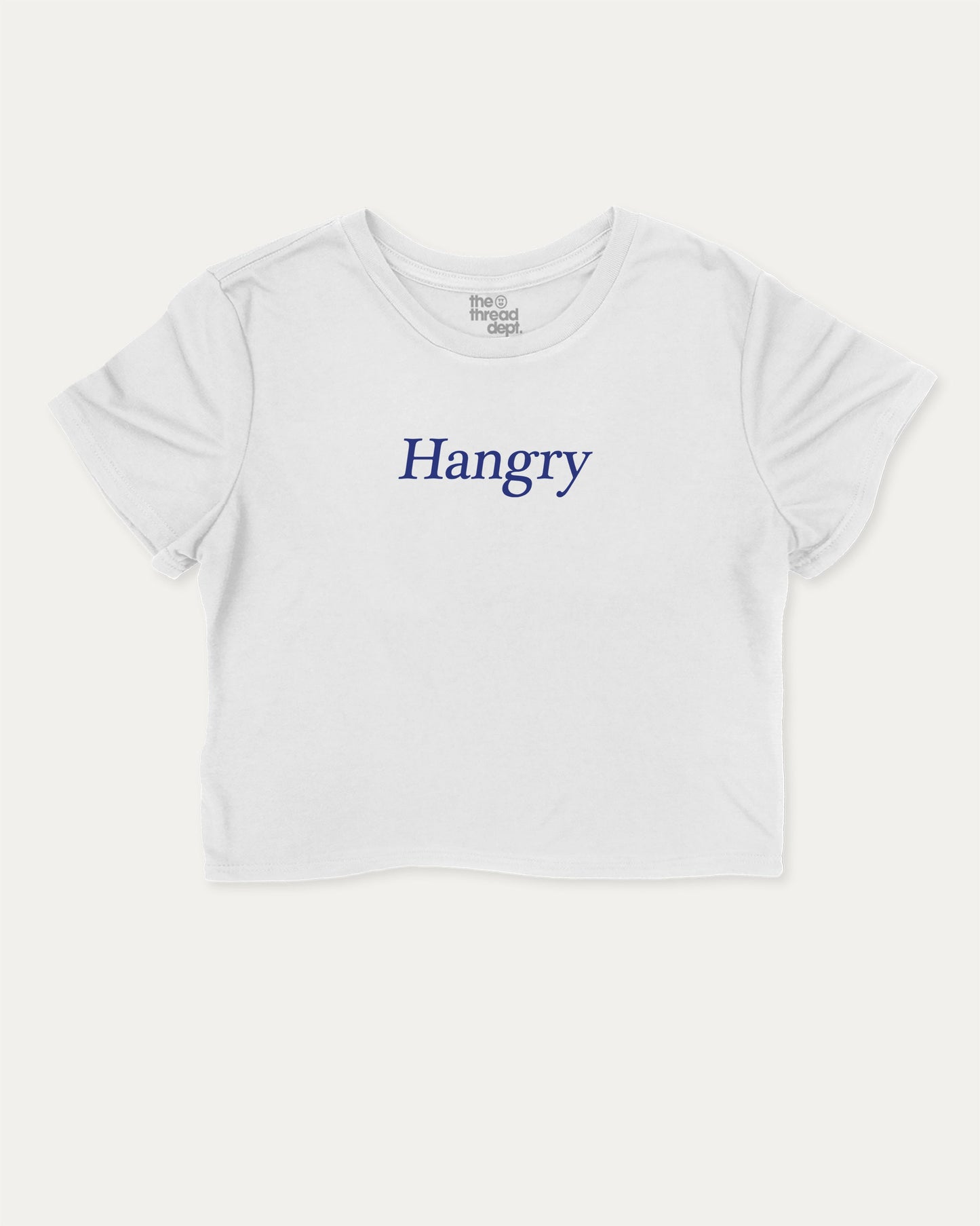 Hangry graphic crop tee with funny and trendy slogan print, perfect for women’s casual looks or layering. White crop t-shirt.