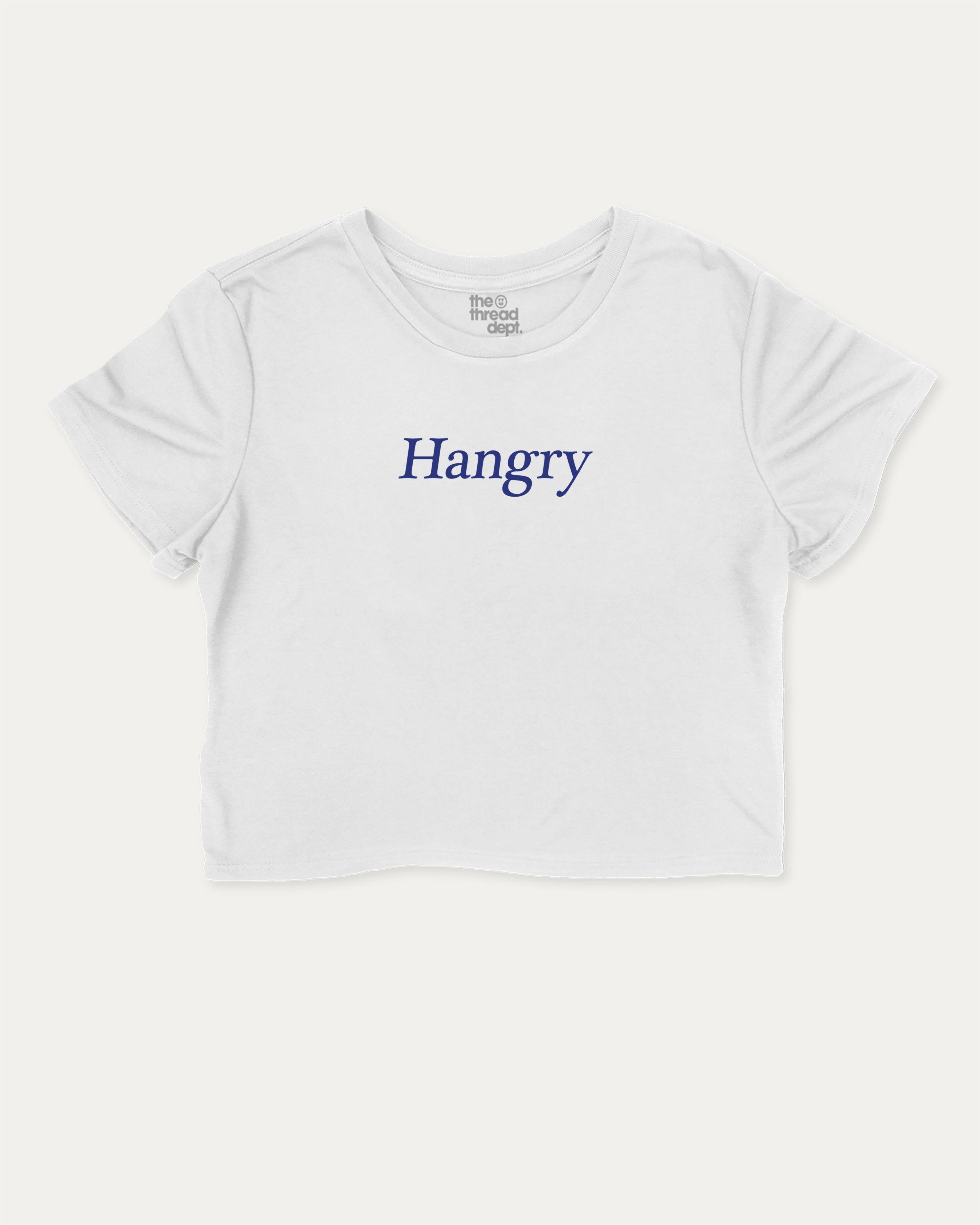 Hangry graphic crop tee with funny and trendy slogan print, perfect for women_ casual looks or layering. White crop t-shirt.