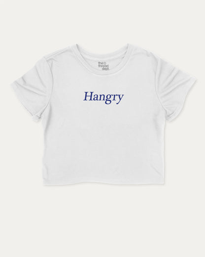 Hangry graphic crop tee with funny and trendy slogan print, perfect for women’s casual looks or layering. White crop t-shirt.