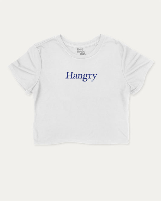 Hangry graphic crop tee with funny and trendy slogan print, perfect for women’s casual looks or layering. White crop t-shirt.
