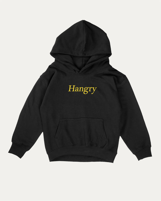 Hangry kids graphic hoodie with cozy fit and fun design, perfect for school, play, and gifting. Black kids sweater.