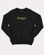 Hangry graphic sweatshirt with bold and humorous print, warm and cozy graphic for everyday wear. Perfect for adults and gift-giving. Black pullover.