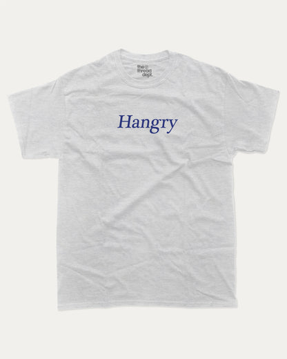 Hangry graphic tee with bold and humorous print, funny and trendy graphic. Perfect for adults and gift-giving. Ash Grey shirt.