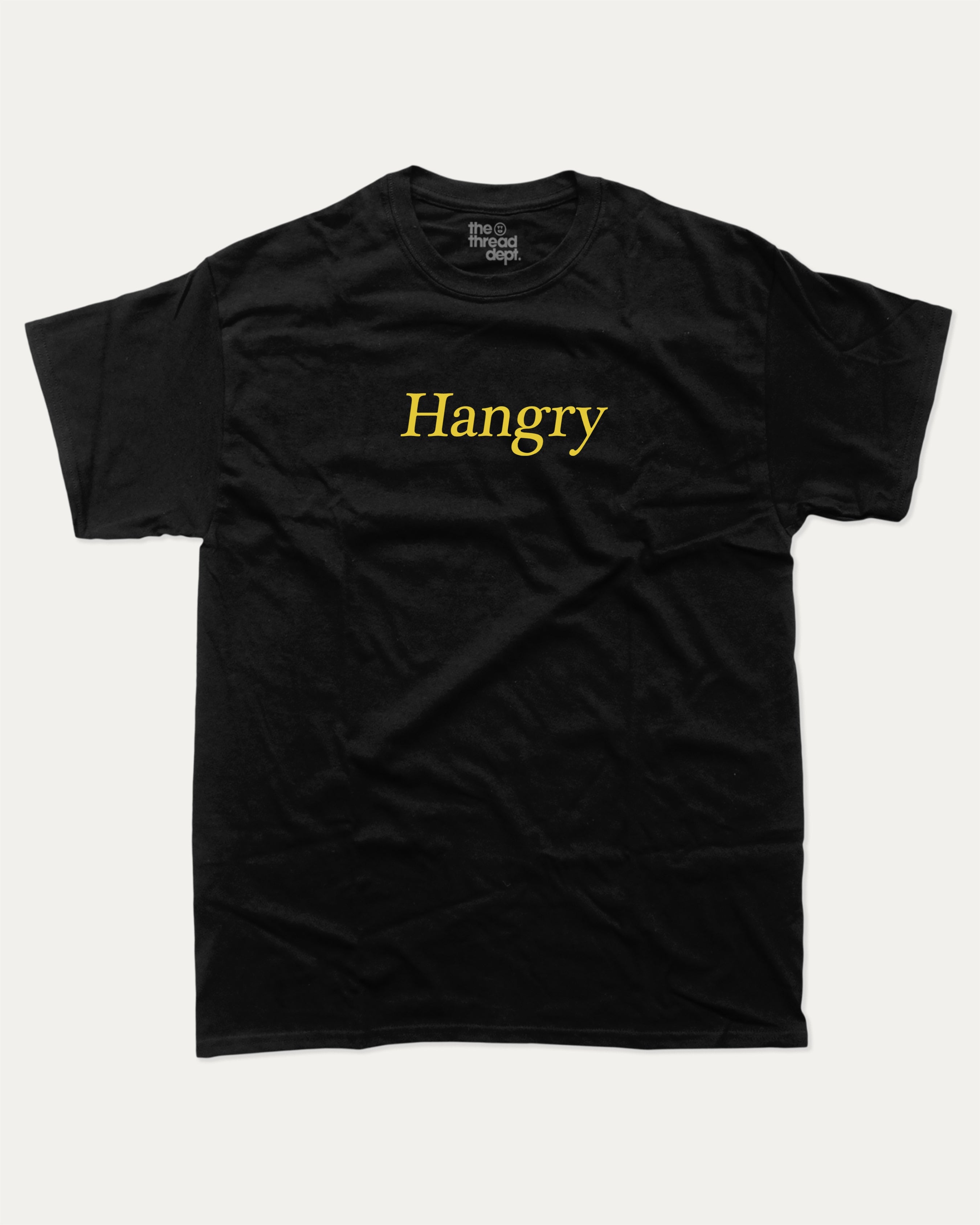 Hangry graphic tee with bold and humorous print, funny and trendy graphic. Perfect for adults and gift-giving. Black shirt.