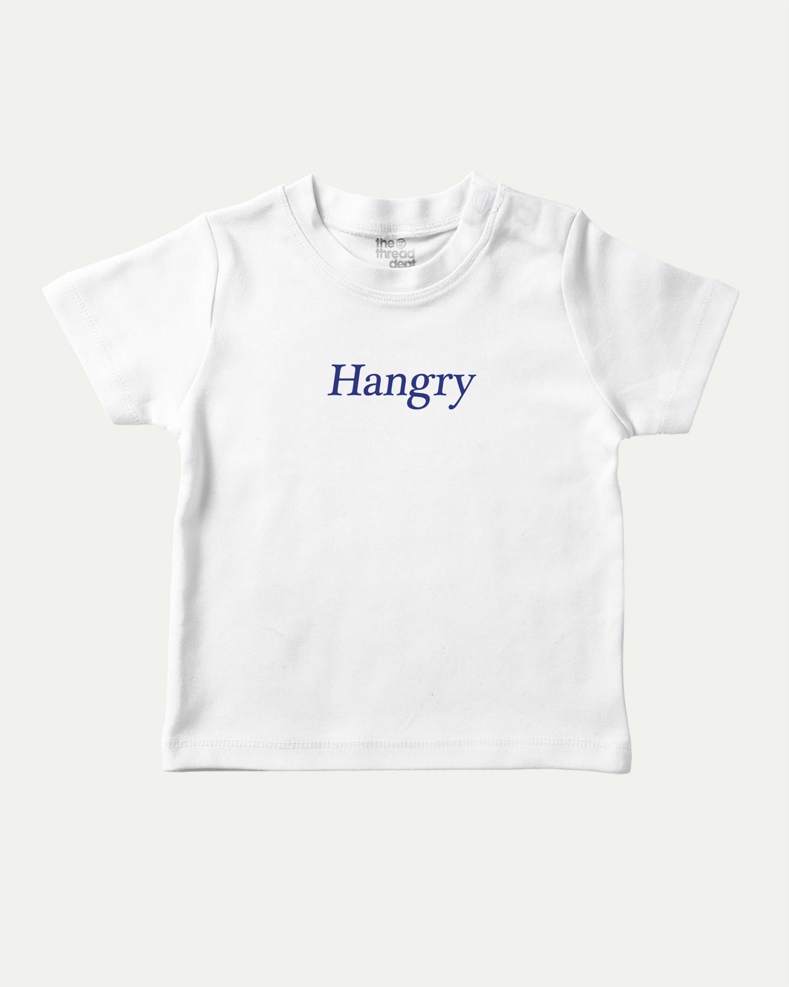 Hangry graphic tee with bold and humorous print, funny and trendy graphic. Perfect for adults and gift-giving. White shirt.