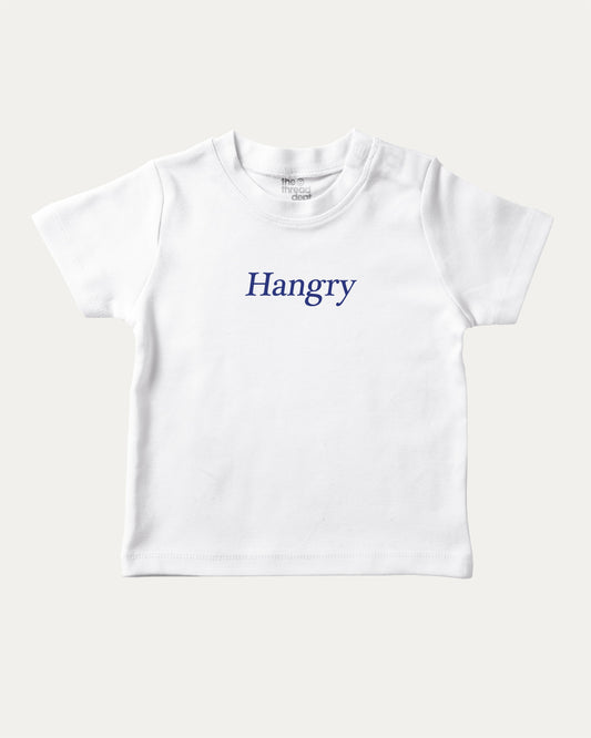 Hangry graphic tee with bold and humorous print, funny and trendy graphic. Perfect for adults and gift-giving. White shirt.