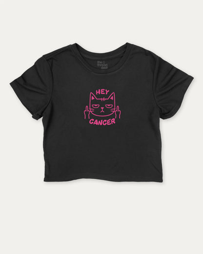 Hey Cancer graphic crop tee with funny breast cancer awareness, perfect for women’s casual looks or layering. Black crop t-shirt.