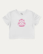 Hey Cancer graphic crop tee with funny breast cancer awareness, perfect for women_ casual looks or layering. White crop t-shirt.