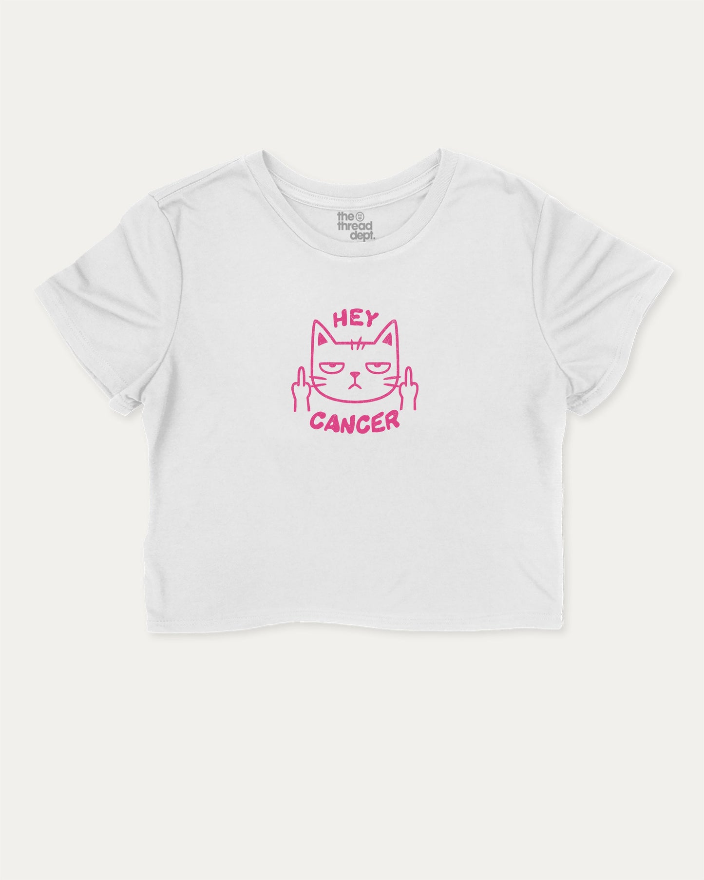 Hey Cancer graphic crop tee with funny breast cancer awareness, perfect for women’s casual looks or layering. White crop t-shirt.