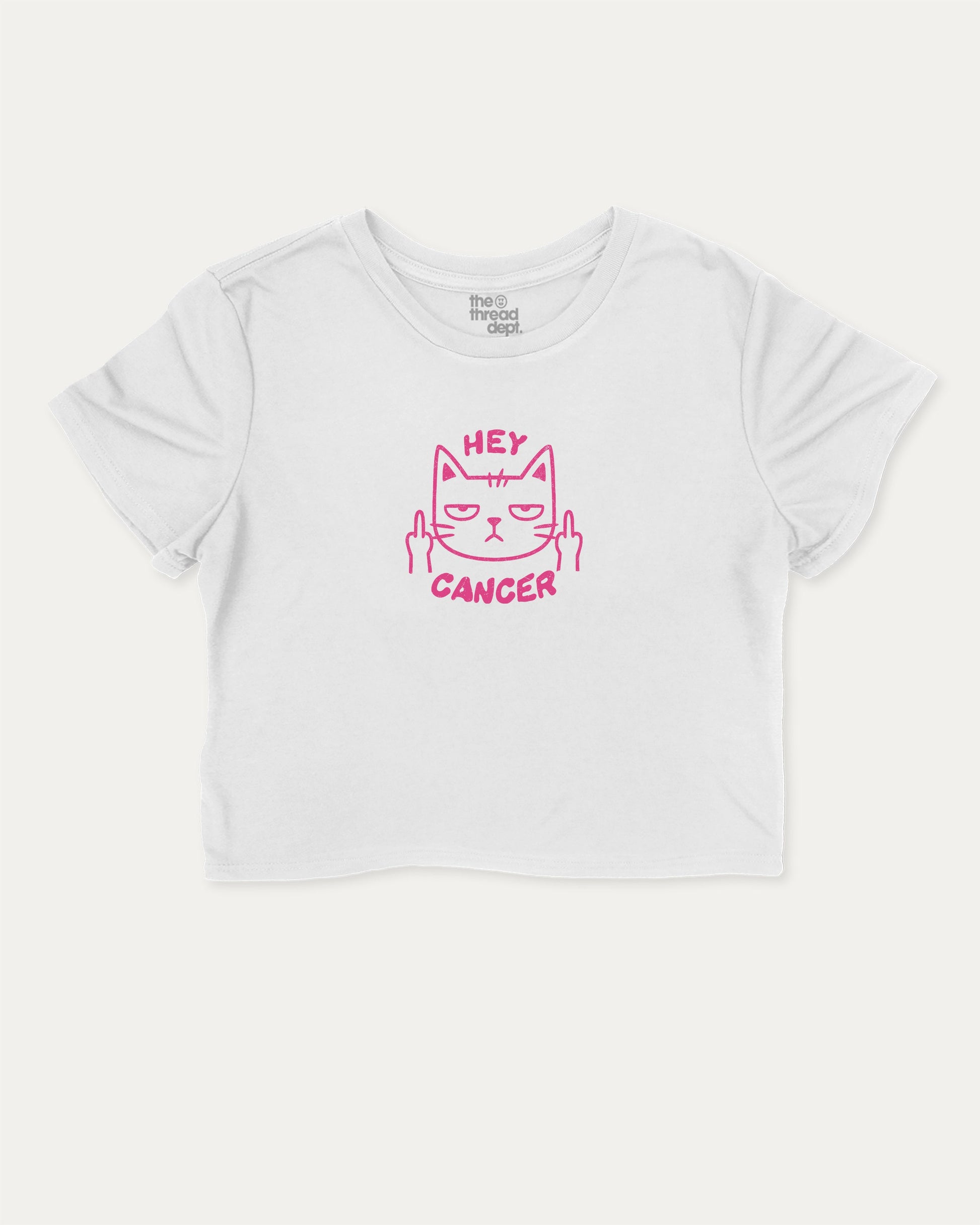 Hey Cancer graphic crop tee with funny breast cancer awareness, perfect for women’s casual looks or layering. White crop t-shirt.