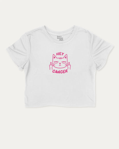 Hey Cancer graphic crop tee with funny breast cancer awareness, perfect for women’s casual looks or layering. White crop t-shirt.