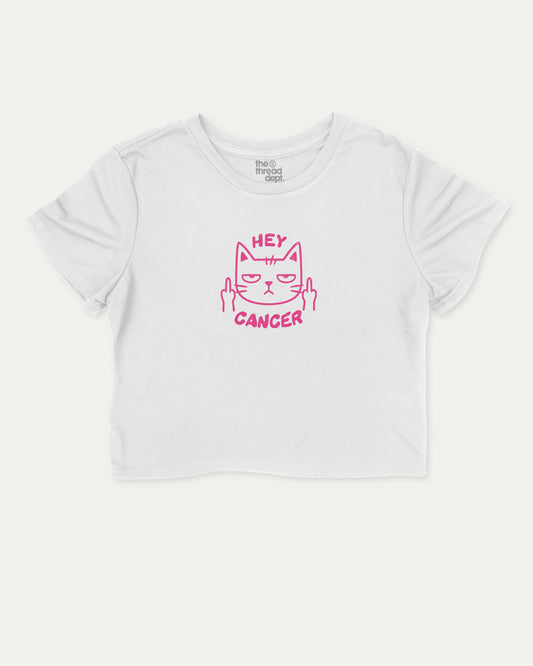 Hey Cancer graphic crop tee with funny breast cancer awareness, perfect for women’s casual looks or layering. White crop t-shirt.