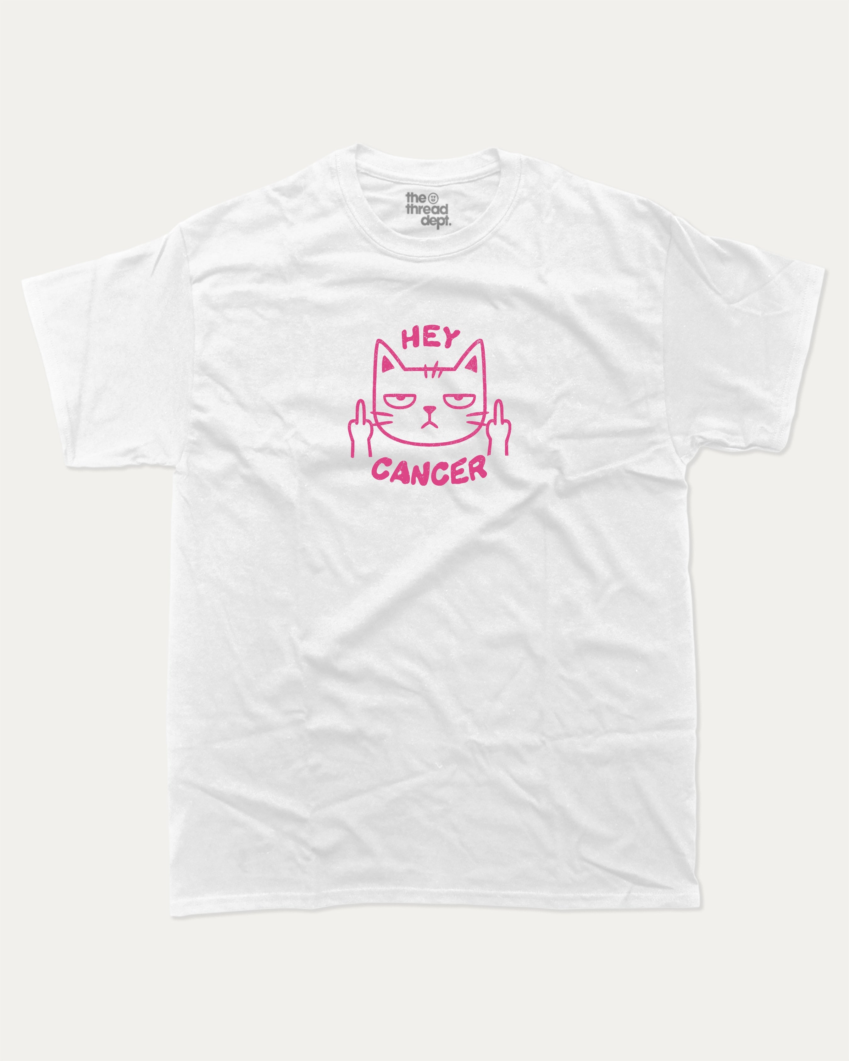 Hey Cancer graphic tee with bold and humorous print, funny and trendy graphic. Perfect for breast cancer awareness. White shirt.