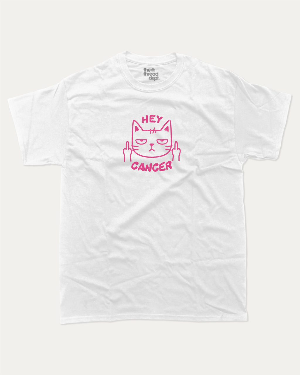 Hey Cancer graphic tee with bold and humorous print, funny and trendy graphic. Perfect for breast cancer awareness. White shirt.