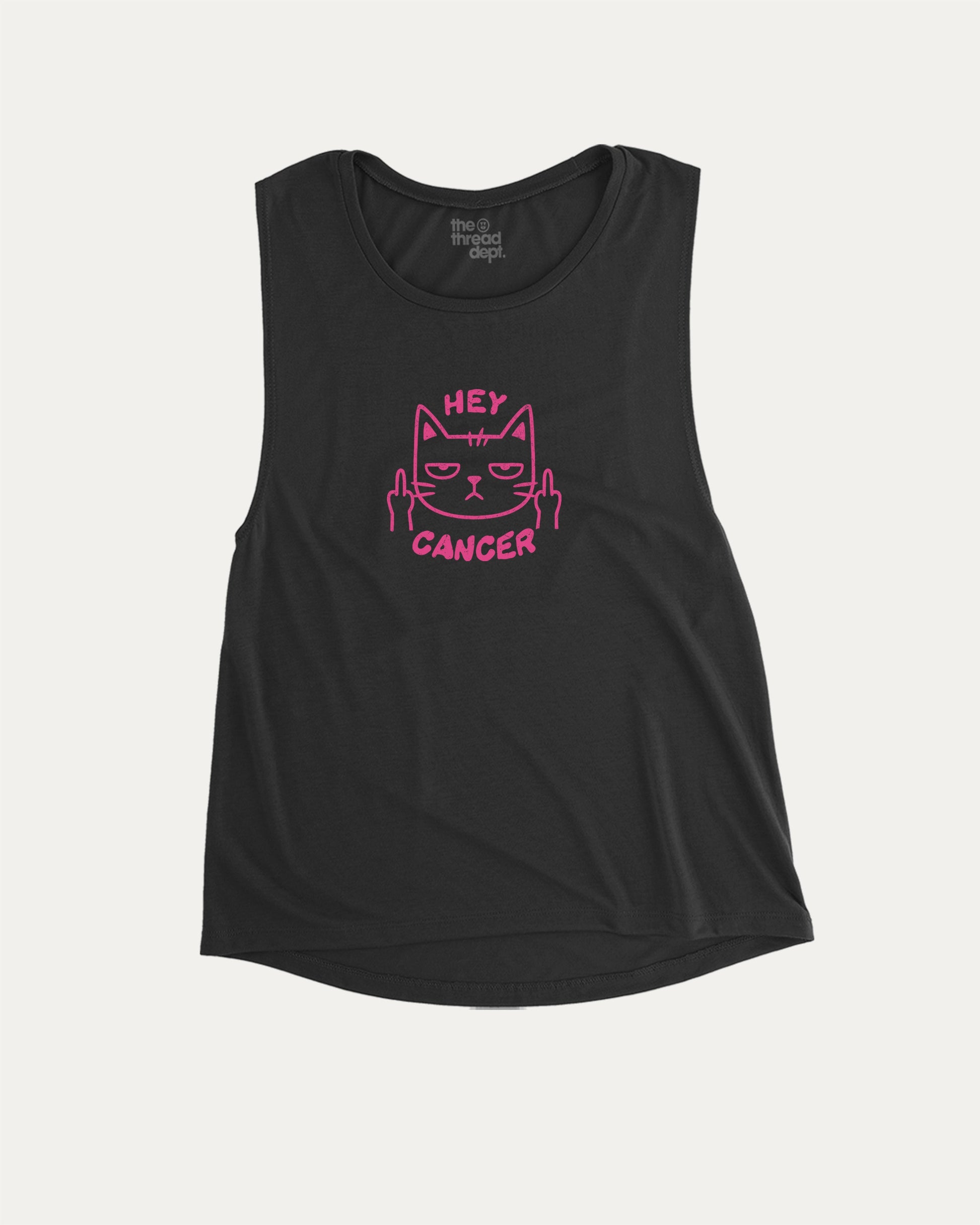 Hey Cancer women’s graphic muscle tee with trendy and empowering graphic, ideal for layering or workouts. Funny gift for her. Black muscle top.