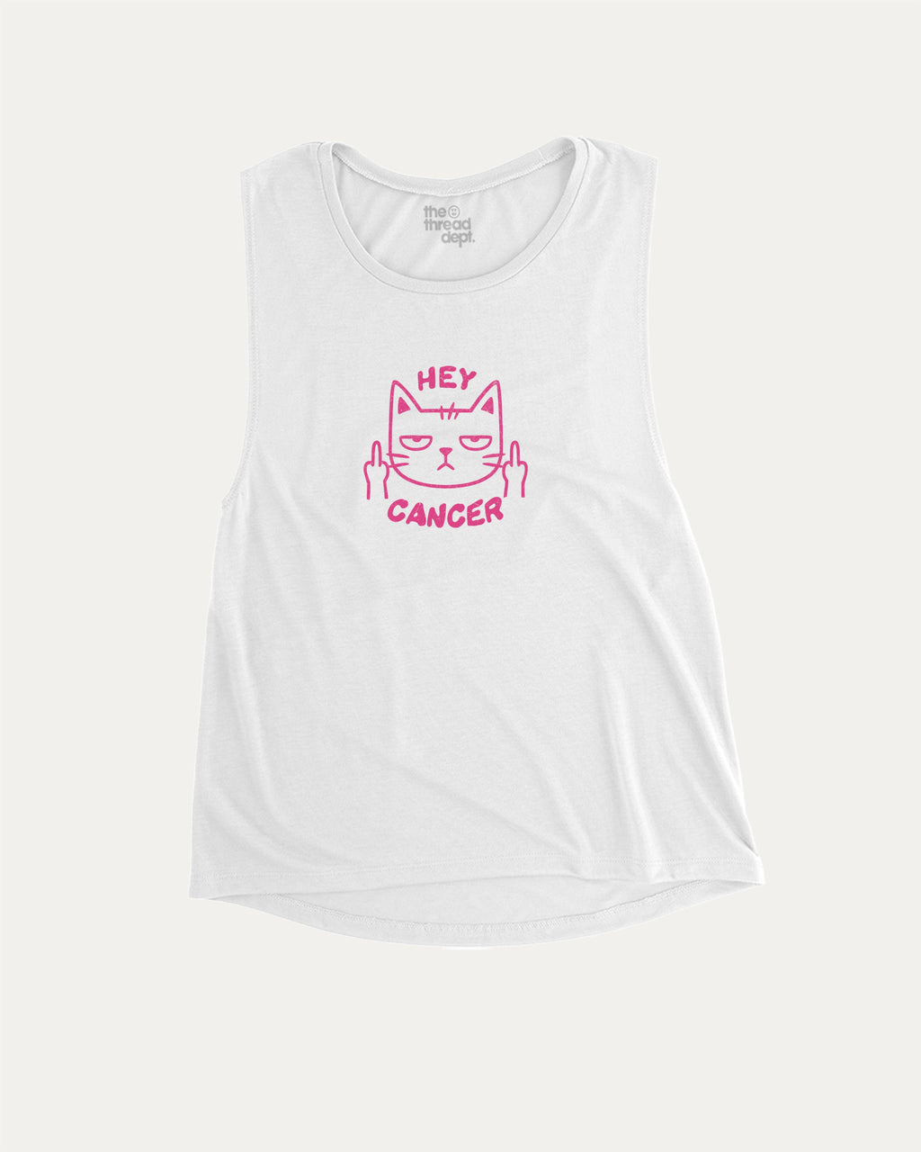 Hey Cancer women_ graphic muscle tee with trendy and empowering graphic, ideal for layering or workouts. Funny gift for her. White muscle top.