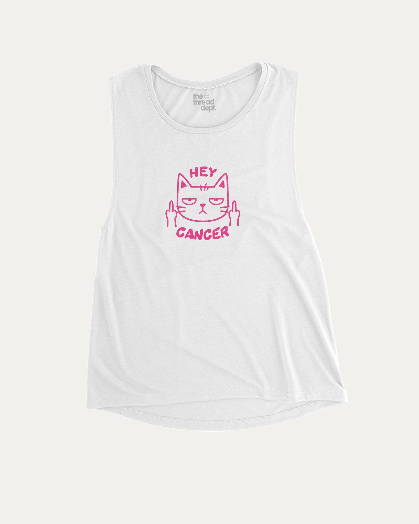 Hey Cancer women’s graphic muscle tee with trendy and empowering graphic, ideal for layering or workouts. Funny gift for her. White muscle top.