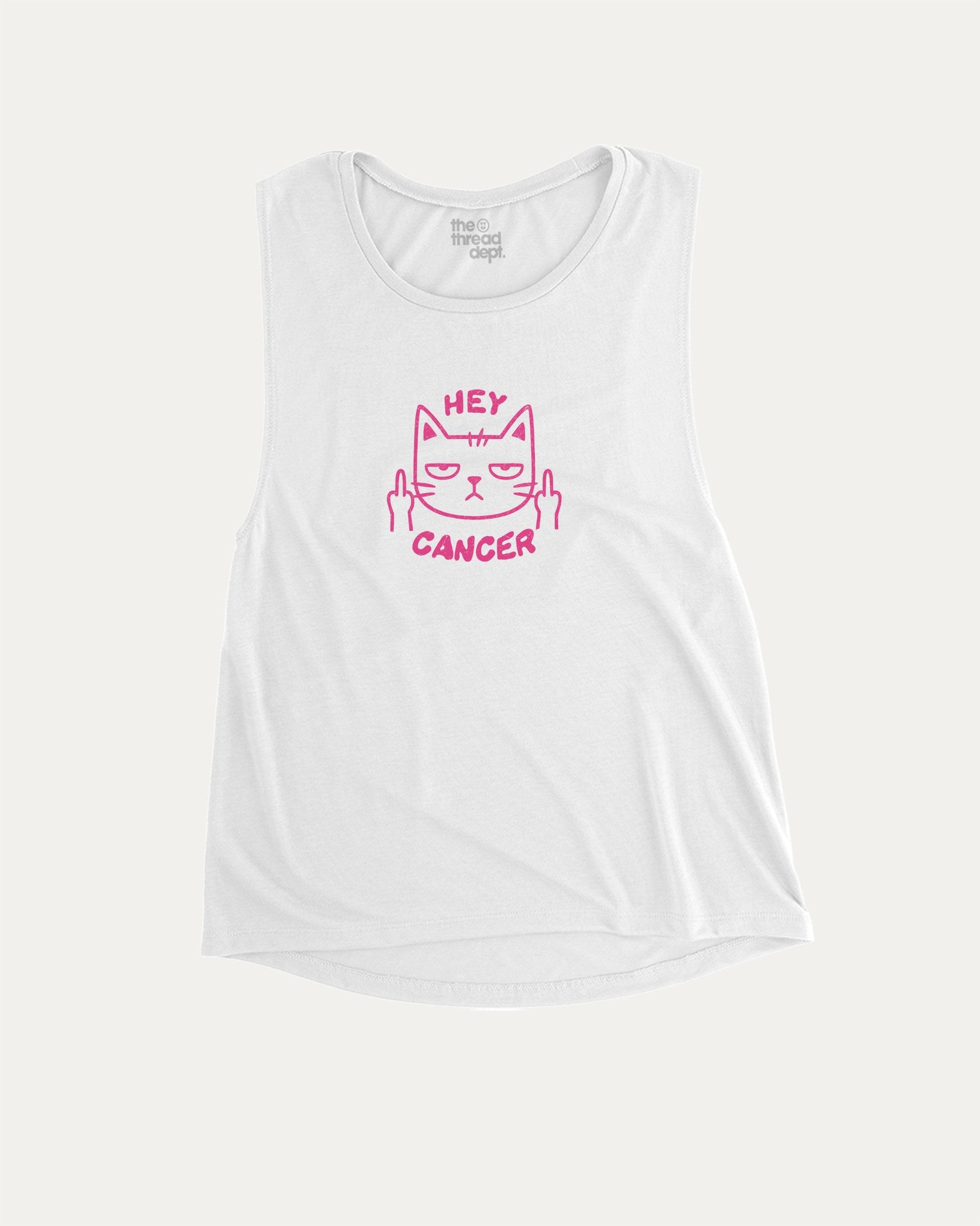 Hey Cancer women’s graphic muscle tee with trendy and empowering graphic, ideal for layering or workouts. Funny gift for her. White muscle top.