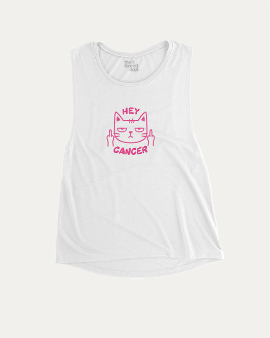 Hey Cancer women’s graphic muscle tee with trendy and empowering graphic, ideal for layering or workouts. Funny gift for her. White muscle top.