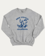 Hide and Seek Champions bigfoot graphic sweatshirt with bold and humorous print, warm and cozy graphic for everyday wear. Perfect funny gifts for friends and gift-giving. Heather Grey pullover.
