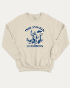Hide and Seek Champions bigfoot graphic sweatshirt with bold and humorous print, warm and cozy graphic for everyday wear. Perfect funny gifts for friends and gift-giving. Natural pullover.