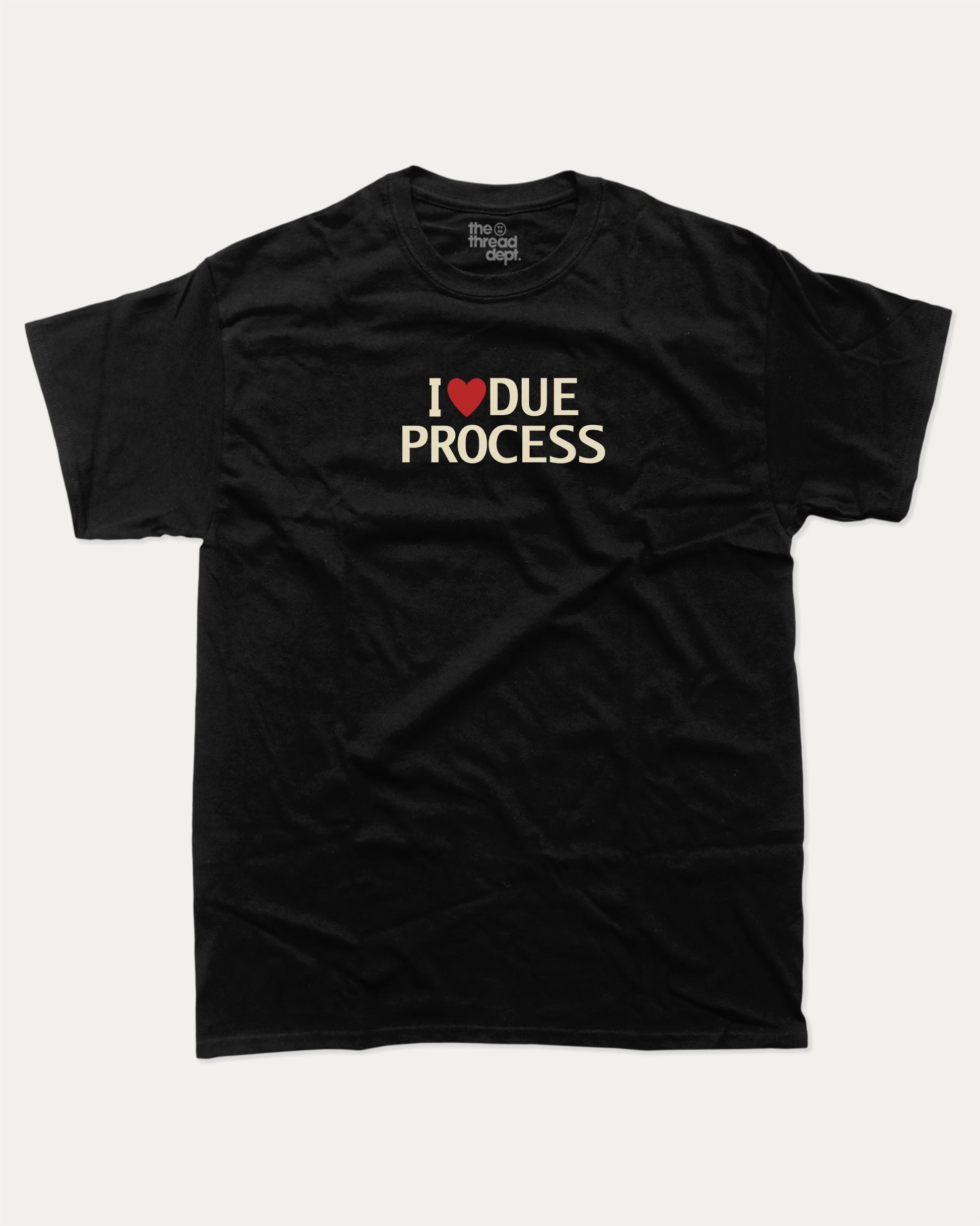 I Love Due Process graphic t-shirt, perfect for adults. A must-have funny tee, trending meme shirt, unique gift idea. Black.